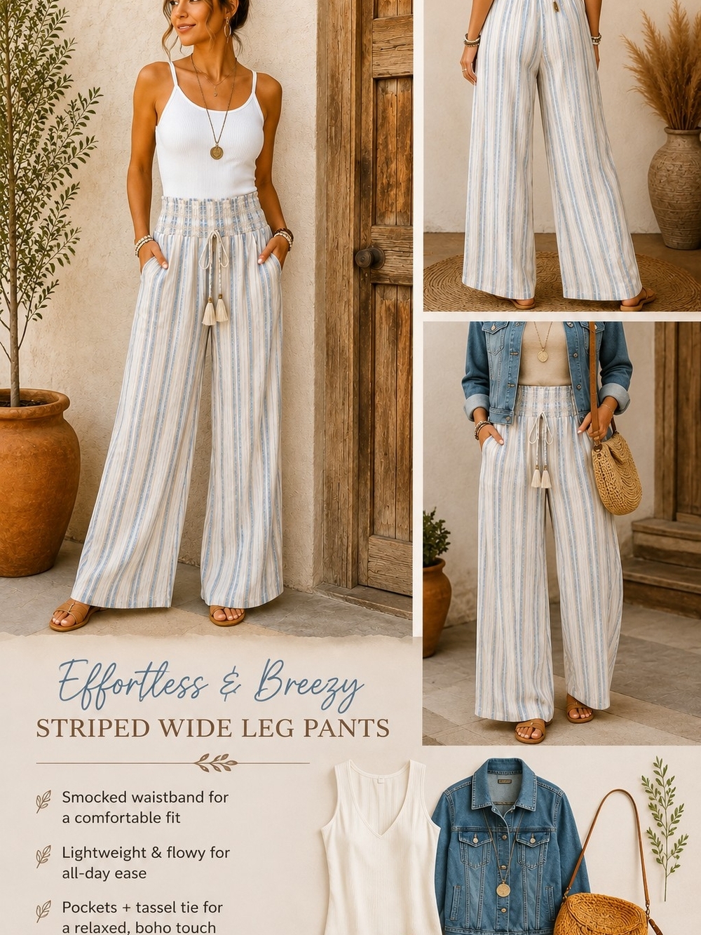 Cato Striped Wide-Leg Pants in Blue and Cream
